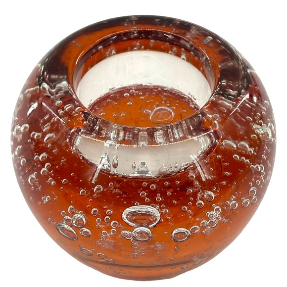 Studio Art Glass Small Candle Holder Amber Colored with Controlled Bubbles - Picture 2 of 8